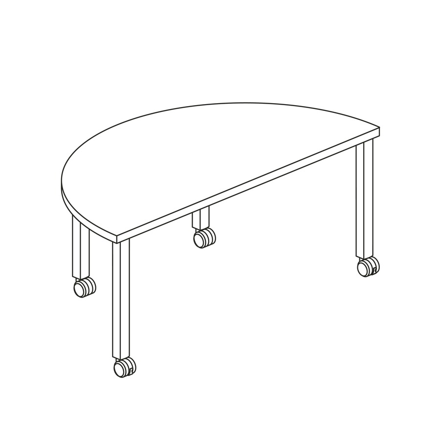 Een lijntekening van een halve cirkel Everywhere-tafel.