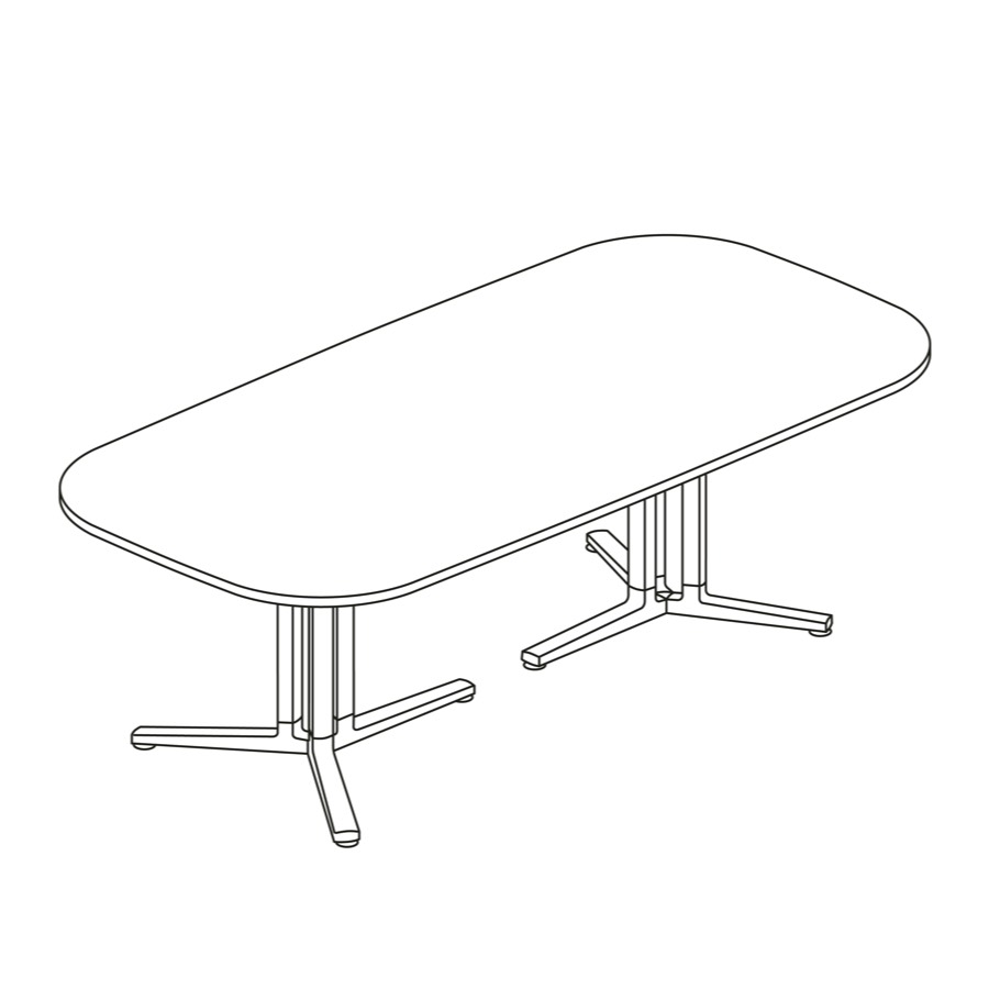 Een lijntekening van een ovale Everywhere-tafel.