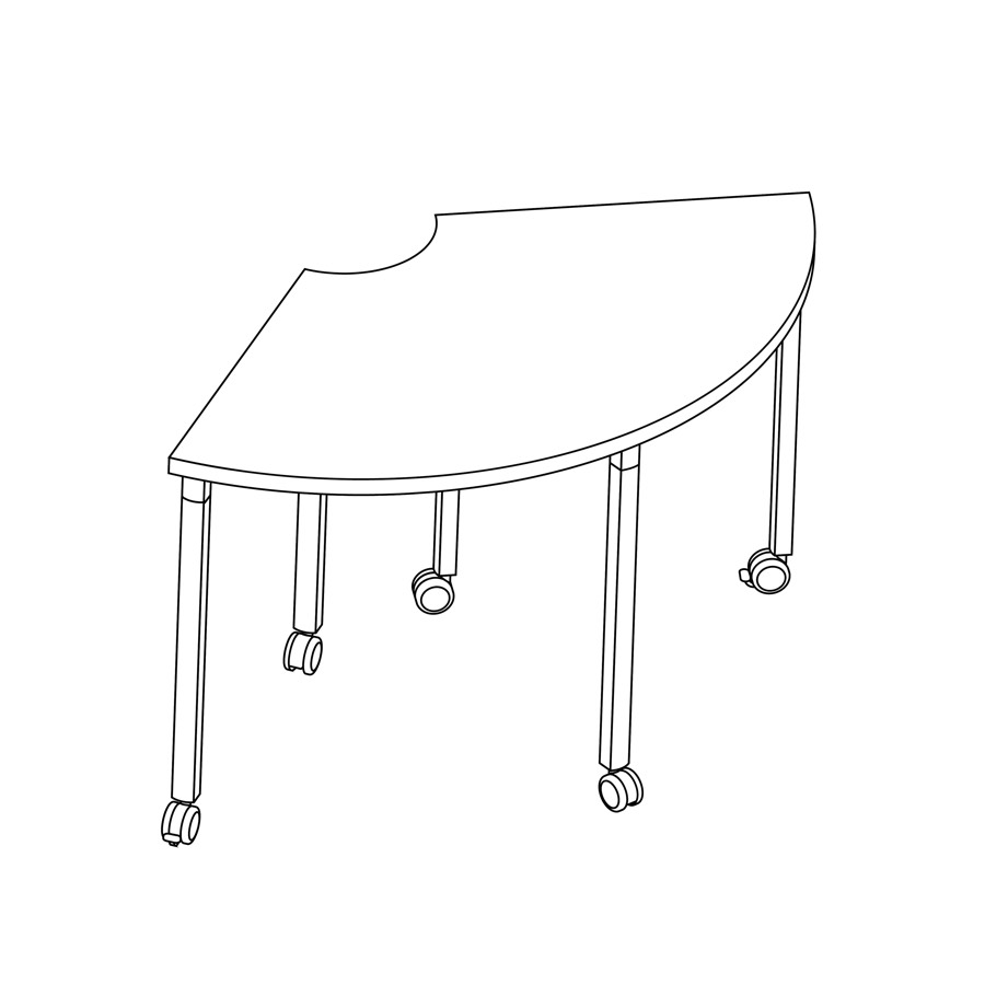 Eine Zeichnung von einem runden Everywhere Table in Ecktischform.