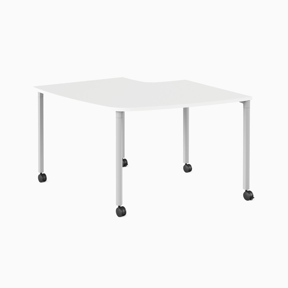 Un tavolo Everywhere bianco, curvo, per conferenza, con gambe grigie e ruote.