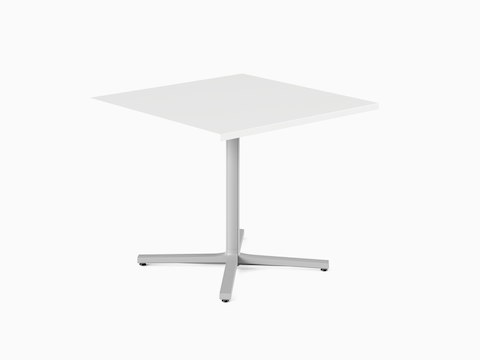 Een witte, vierkante standaard hoogte Everywhere-tafel met een grijze kolom.