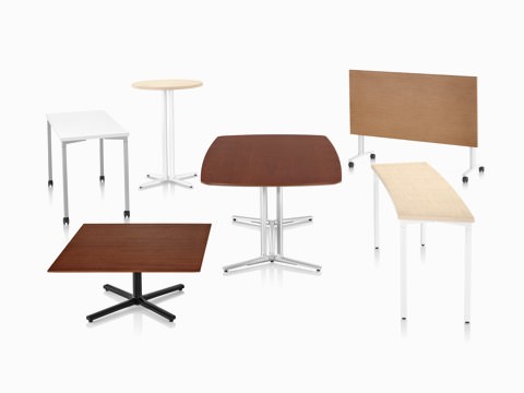 Sechs Everywhere Tables mit verschiedenen Plattenformen, Beinstilen, Höhen und Oberflächen. Sechs Everywhere Tables mit verschiedenen Plattenformen, Beinstilen, Höhen und Oberflächen.