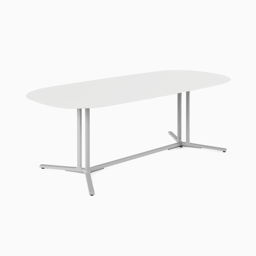 White oval Everywhere Table with grey legs.
