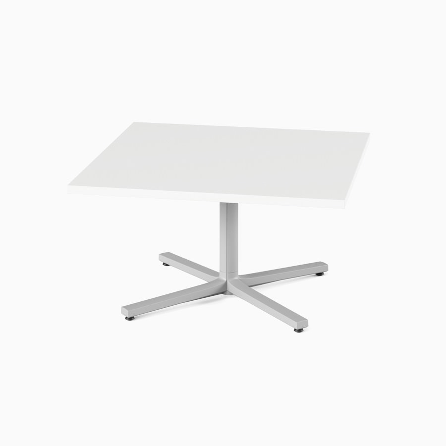 A white, square, occasional height Everywhere Table with a grey column.