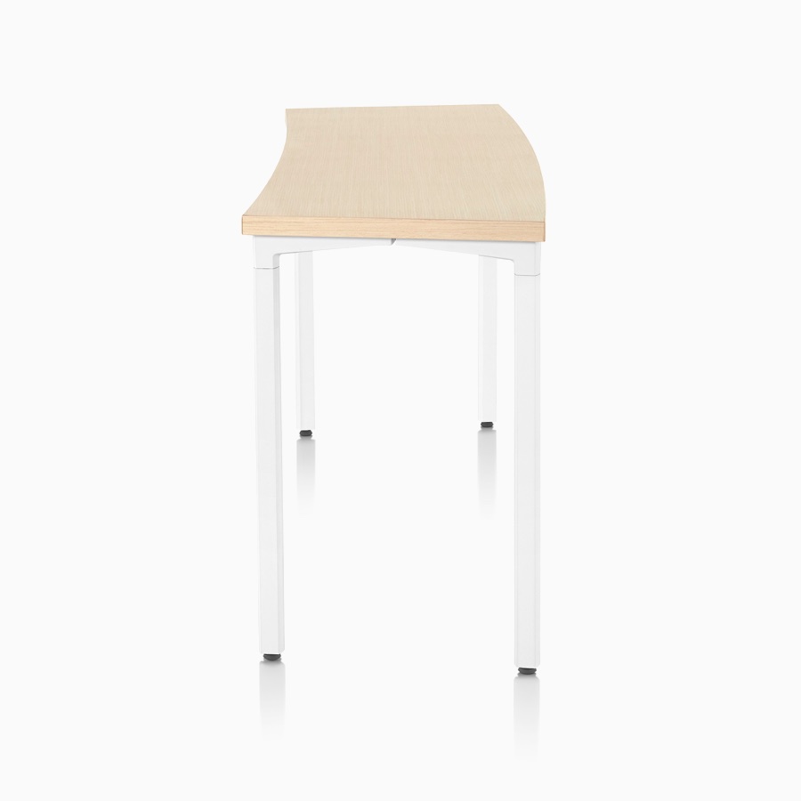 Side profile of an Everywhere Classroom Table with a curved, square edge, ash veneer top, and a white, post-leg base.
