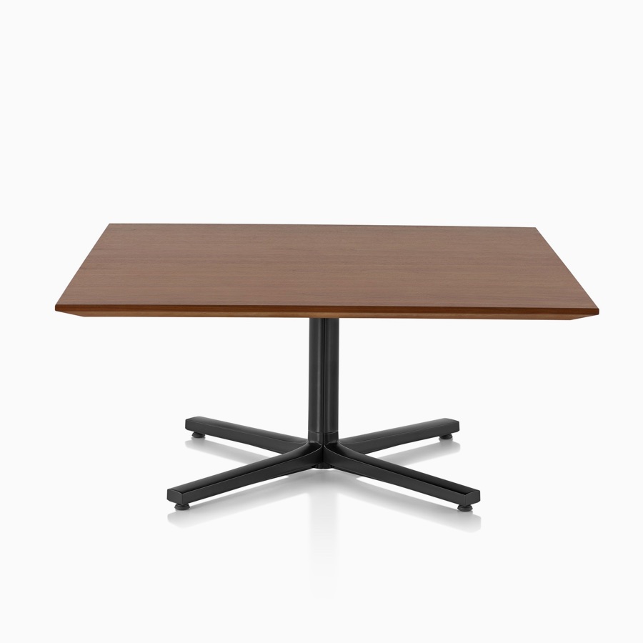 Front profile of an Everywhere Occasional Table with a square, thin edge, walnut veneer top and single-column occasional, black base.
