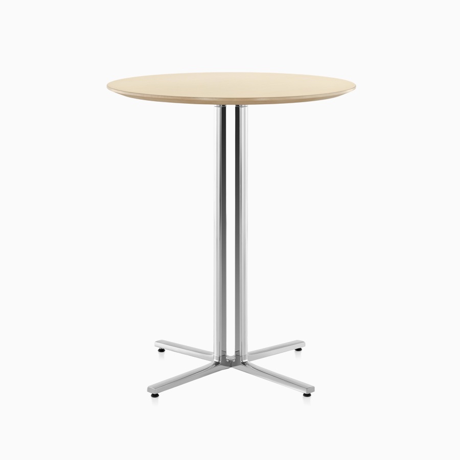 Standing-height Everywhere Table with a round, thin edge, clear on ash woodgrain laminate top, and a polished aluminum base.