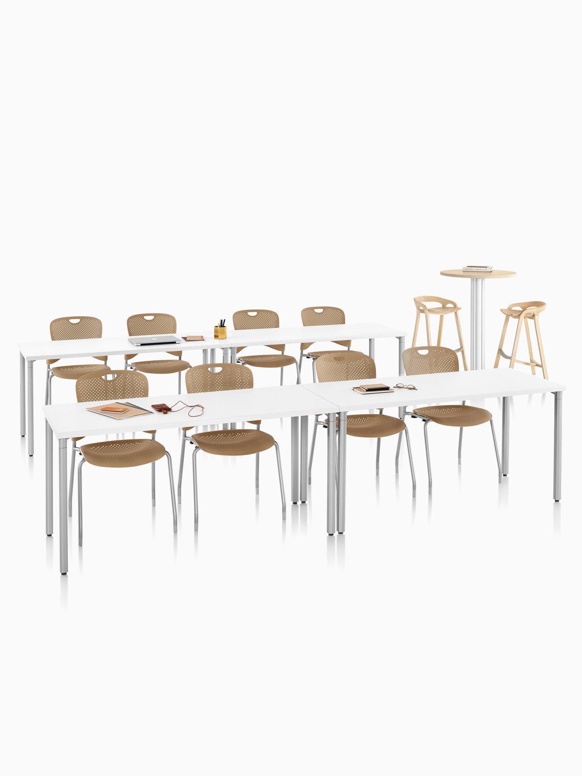 A classroom setting featuring Everywhere Tables and Caper Stacking Chairs.