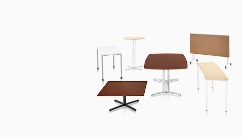 Seis mesas Everywhere en una variedad de formas superiores, estilos de base, alturas y acabados.