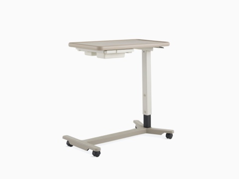 Angled view of EZ-123 Overbed Table with folkstone grey laminate top, pewter urethane edge, ash gray column, and titanium base. Angled view of EZ-123 Overbed Table with folkstone grey laminate top, pewter urethane edge, ash gray column, and titanium base.