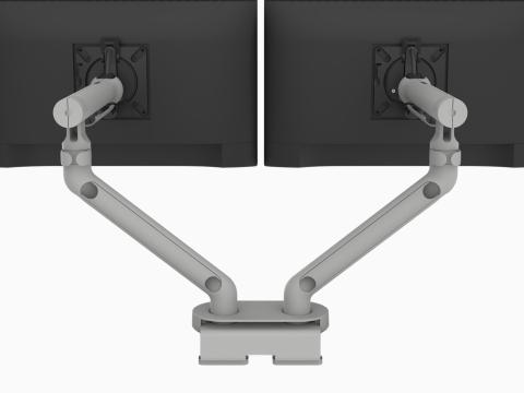 Flo Dual monitor arm in silver, viewed from the back.
