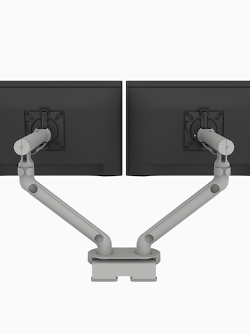 Flo Dual monitor arm in silver, viewed from the back. Select to go to the Flo Dual product page.