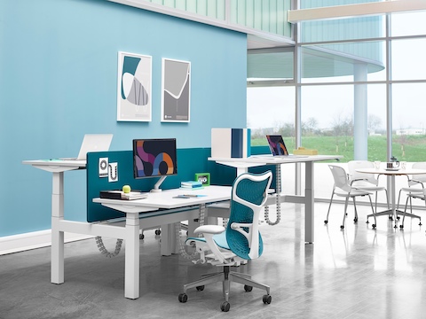 Una sedia da ufficio Mirra 2 blu e un braccio per monitor Flo completano una configurazione da banco con scrivanie sit-to-stand posizionate a diverse altezze.