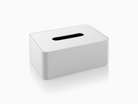 Angled view of a white Formwork Tissue Box.