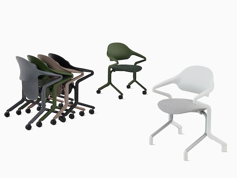 Grupo de quatro cadeiras empilháveis Fuld em cores diferentes ao lado de uma cadeira empilhável Fuld oliva, junto com uma cadeira empilhável Fuld Alpine com deslizadores na frente.