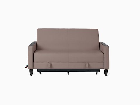 Gemma Sleep Settee in brown textile with central brake and steer casters.
