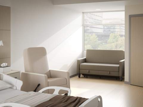 Gemma Sleep Settee shown with Gemma Recliner in a patient room, in seated position.