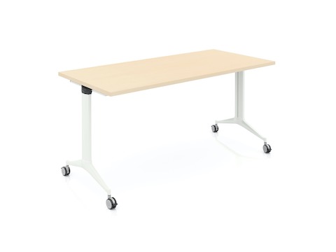 Genus flip-top rectangular table with light wood surface and white leg, viewed from a front angle.