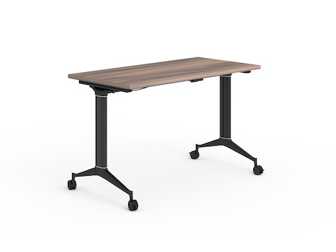Genus flip-top rectangular table with wood melamine surface and black leg, viewed from a front angle.