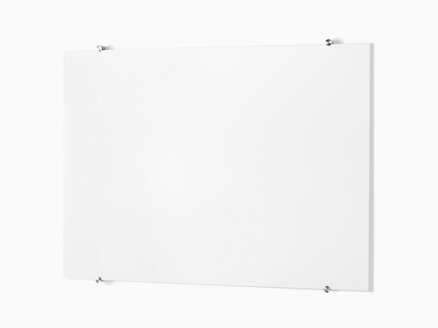 Glass White Board mounted to the wall with metal mounting brackets.
