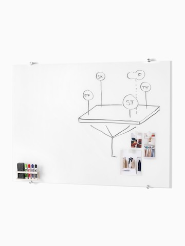 Glass White Board with brainstorming sketches on it. Select to go to the Glass White Board product page.