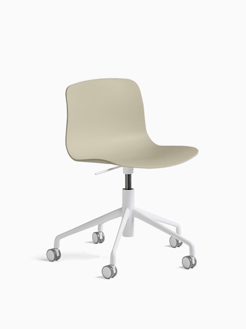 Tan, 5-star white swivel base About A Chair, viewed at an angle.
