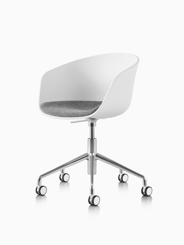 A white About A Chair, Office with a gray upholstered seat and a steel 5-star swivel base, viewed at an angle. Select to go to the About A Chair, Office product page.