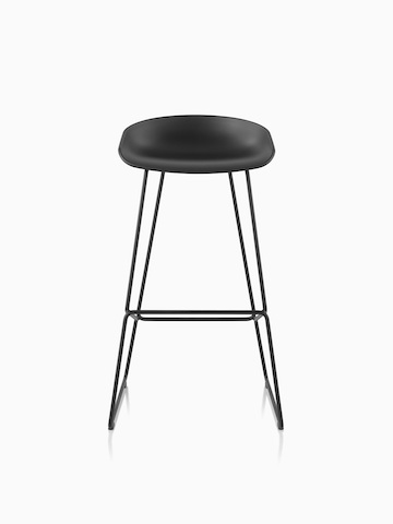 About A Stool in black with black metal base, and hover image in black with black metal base viewed at an angle. Select to go to the About A Stool product page.