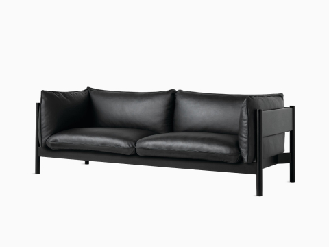 A front angle view of a black leather Arbour Sofa. A front angle view of a black leather Arbour Sofa.