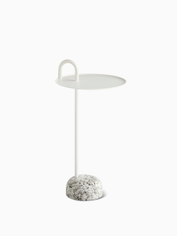 A front view of the Bowler Side Table in white with a granite base.