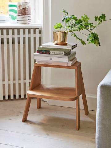 A Butler Step Stool with a houseplant and a stack of books on top.