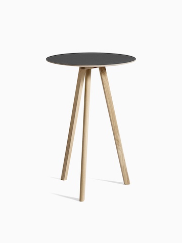 Black Copenhague Bistro Table with wooden legs, viewed at an angle.