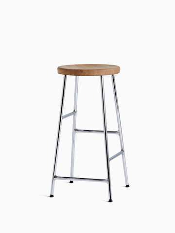 A Cornet Counter Stool with an oak seat and chrome base.