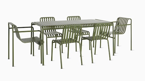 A Palissade Dining Table and Chairs Set in olive green.