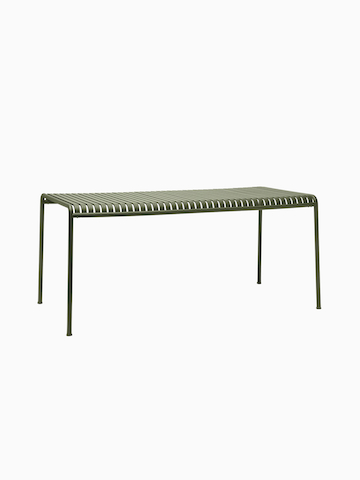 A Palissade Dining Table in olive green. Select to go to the Palissade Table product page.