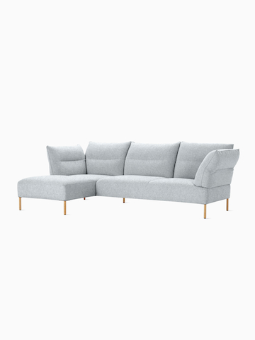 A front angled view of the Pandarine Sectional with left chaise in light gray. Select to go to the Pandarine Sectional Sofas product page.