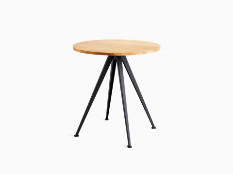 A front view of the Pyramid Café Table-round with Oak top and black frame.