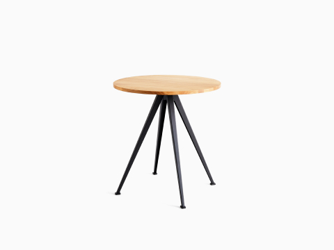 A front view of the Pyramid Café Table-round with Oak top and black frame. A front view of the Pyramid Café Table-round with Oak top and black frame.