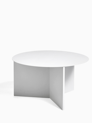 Round Slit Table in white, viewed from the front. Select to go to the Slit Table product page. 