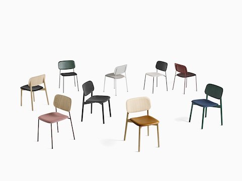 Colección de sillas Soft Edge en varios colores, materiales y orientaciones.