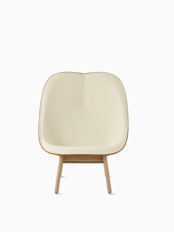 An off-white Uchiwa Lounge Chair with wood legs from HAY, viewed from the front.