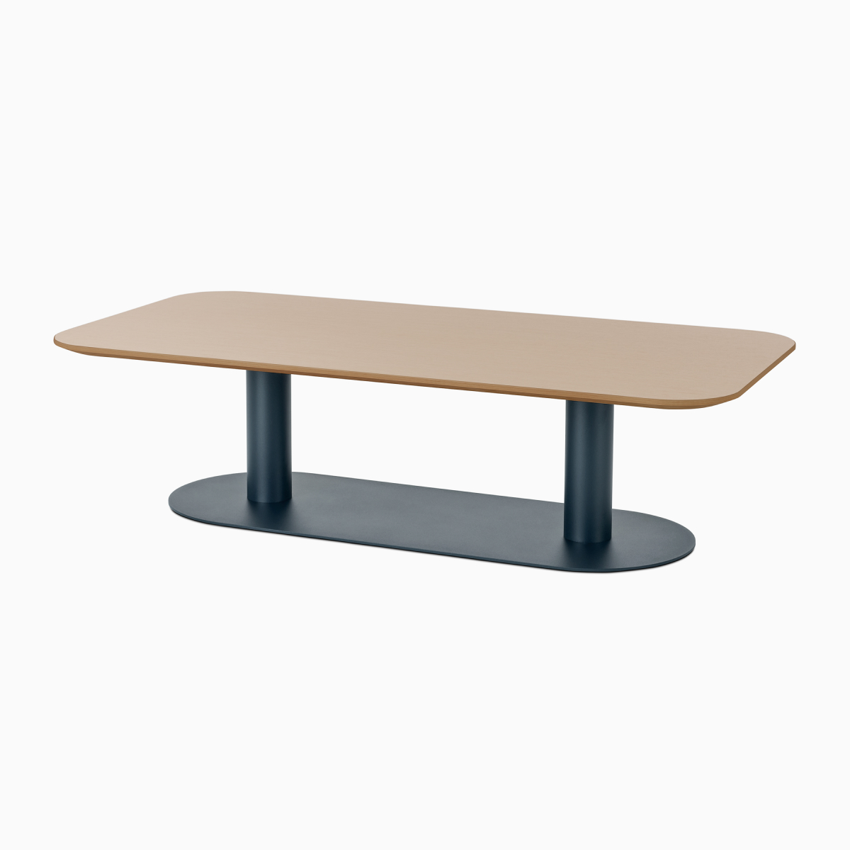 A seated-height Headway Cafe Table with a soft-rectangular top, Clear on Ash finish, and Nightfall base.