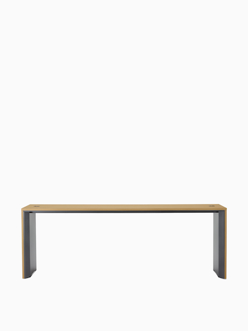 A narrow, standing-height Headway Communal Table with a light wood top and dark gray base viewed from the front.