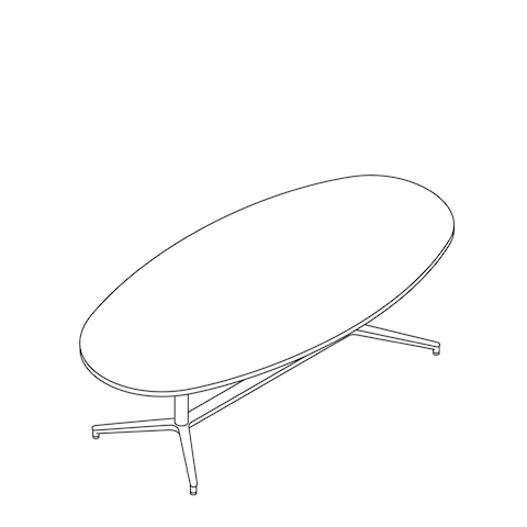 A line drawing of a Headway Table Y Base, seated height, oval shape.