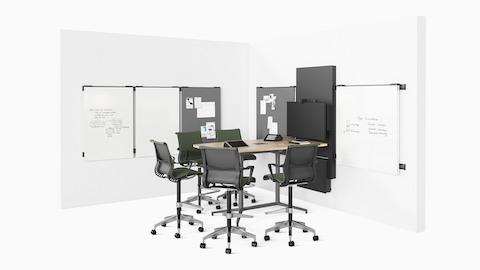 A team setting or project area with video conferencing featuring a Headway conference with a Y base surrounded by Setu Stools.