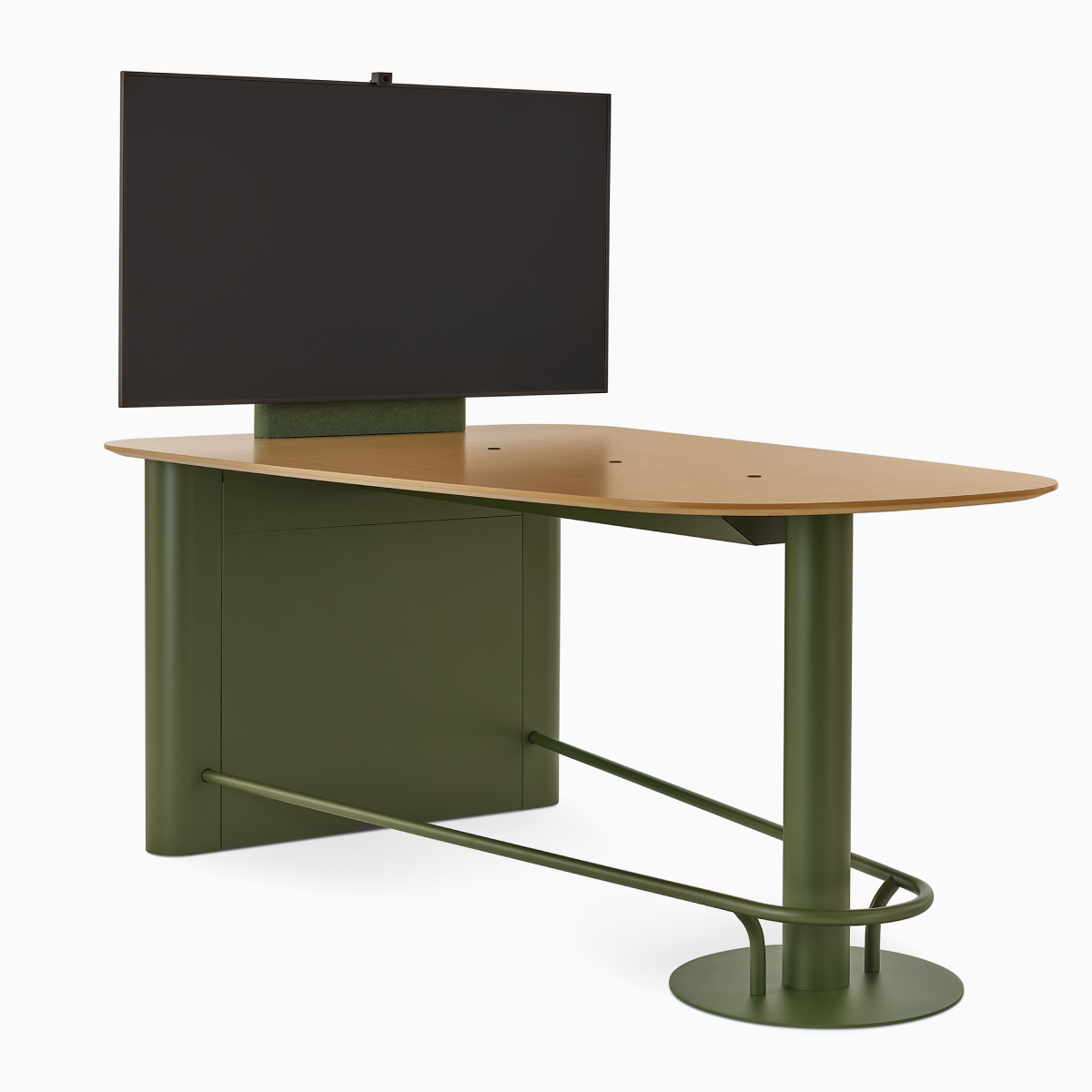 A Headway Huddle Table with mounted monitor, footrest, and surface-embedded Ello Micro Vine USB-C power, viewed from the side.