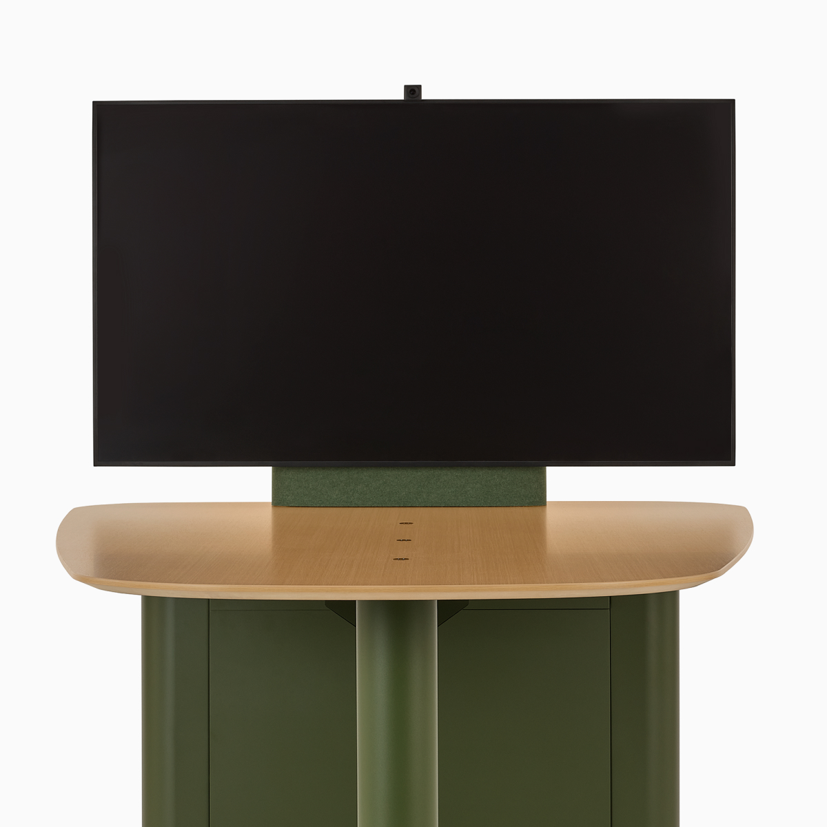 A Headway Huddle Table with mounted monitor and surface-embedded Ello Micro Vine USB-C power, viewed from the front.