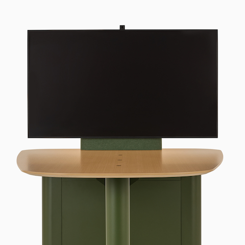 A Headway Huddle Table with mounted monitor and surface-embedded Ello Micro Vine USB-C power, viewed from the front.