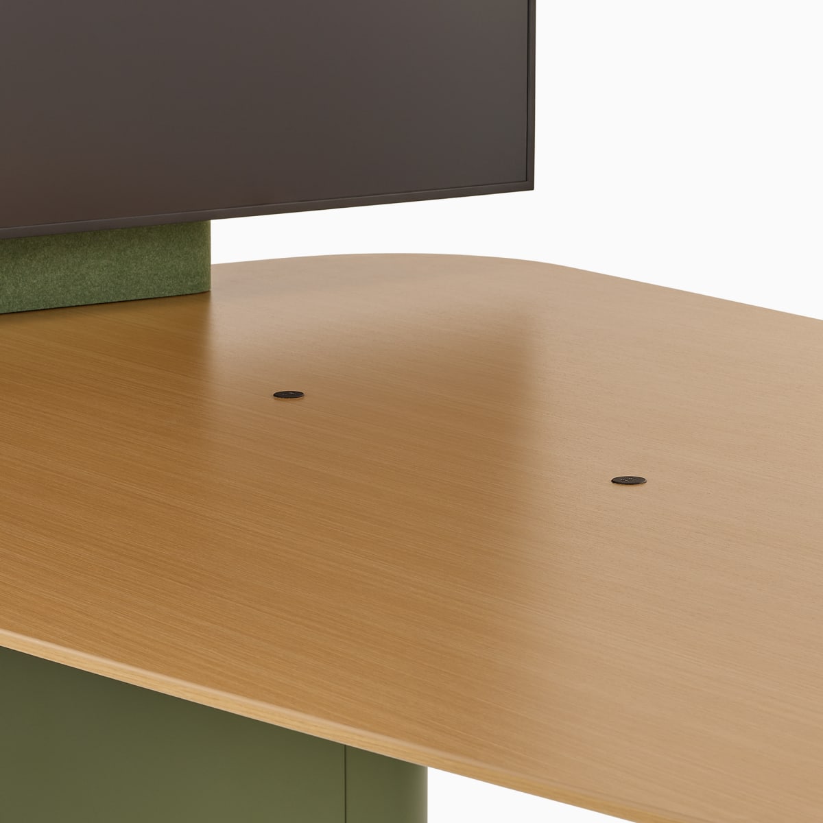 A D-shaped Headway Huddle Table with a Clear on Ash finish and surface-embedded Ello Micro Vine USB-C power.