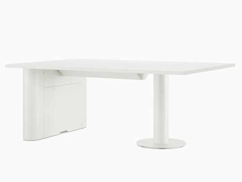 A rectangular Headway Huddle Table with a white top, base, and cable management trough.